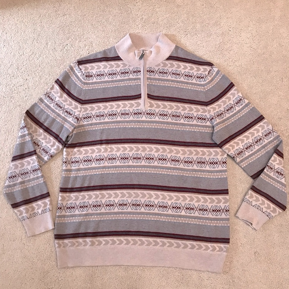 Tasso Elba Lightweight Quarter Zip Sweater Mens XL Tan Burgundy Cotton Cashmere